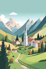 Obraz na płótnie Canvas Generative AI Landscape with a chapel in a mountain village