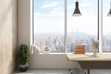 Generative AI Modern office interior. White poster on wall. Mock up. CEO desk. City view, panoramic window. 3d rendering.