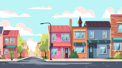 Generative AI City street with houses, road with pedestrian crosswalk, cars and bus stop. Vector cartoon background with cityscape, urban landscape with residential buildings, office and shops