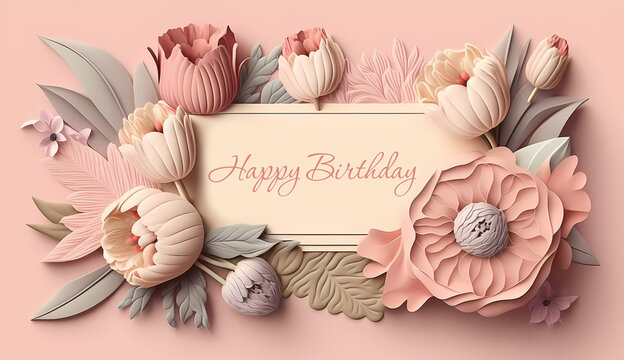 Pink paper flowers on a pink background. Happy birthday. Greeting card. Generated AI