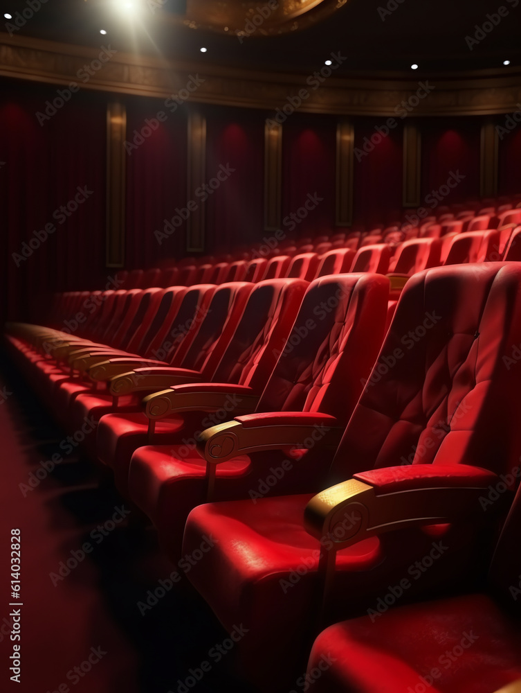 Poster generative ai close up of empty red cinema or theater armchair. mock up, 3d rendering