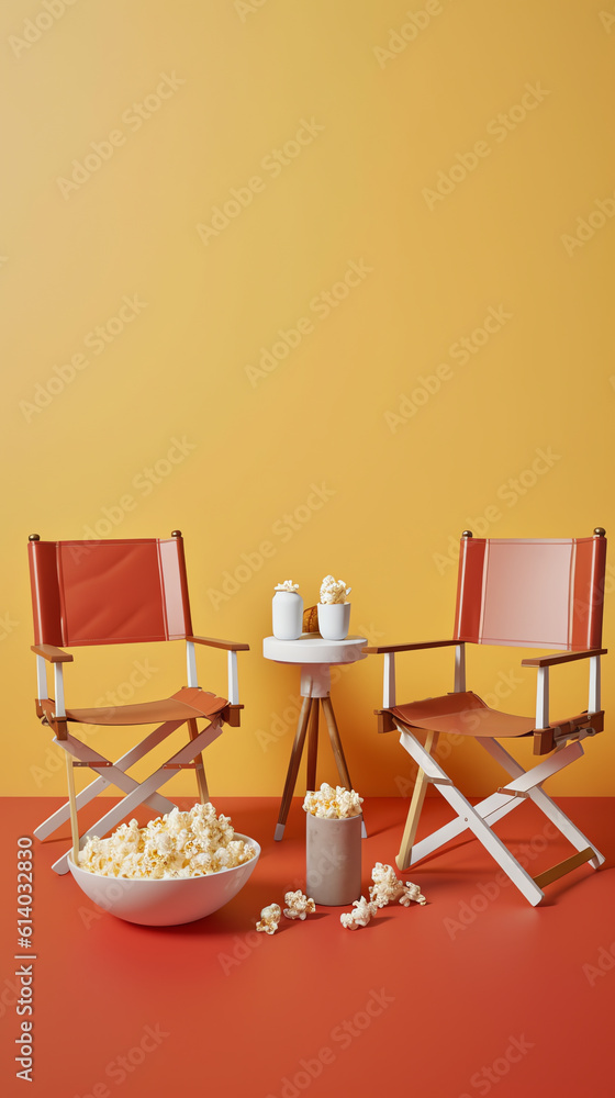 Poster generative ai two blue cinema chairs with fizzy drink and box of popcorn over blue background. conce