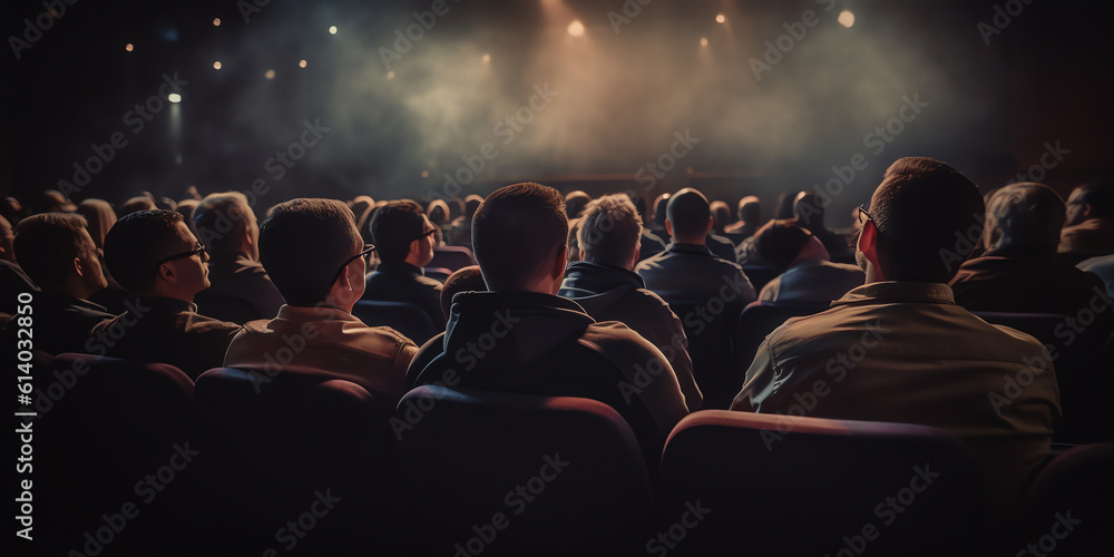 Poster generative ai crowd audience in dark looking at bright screen