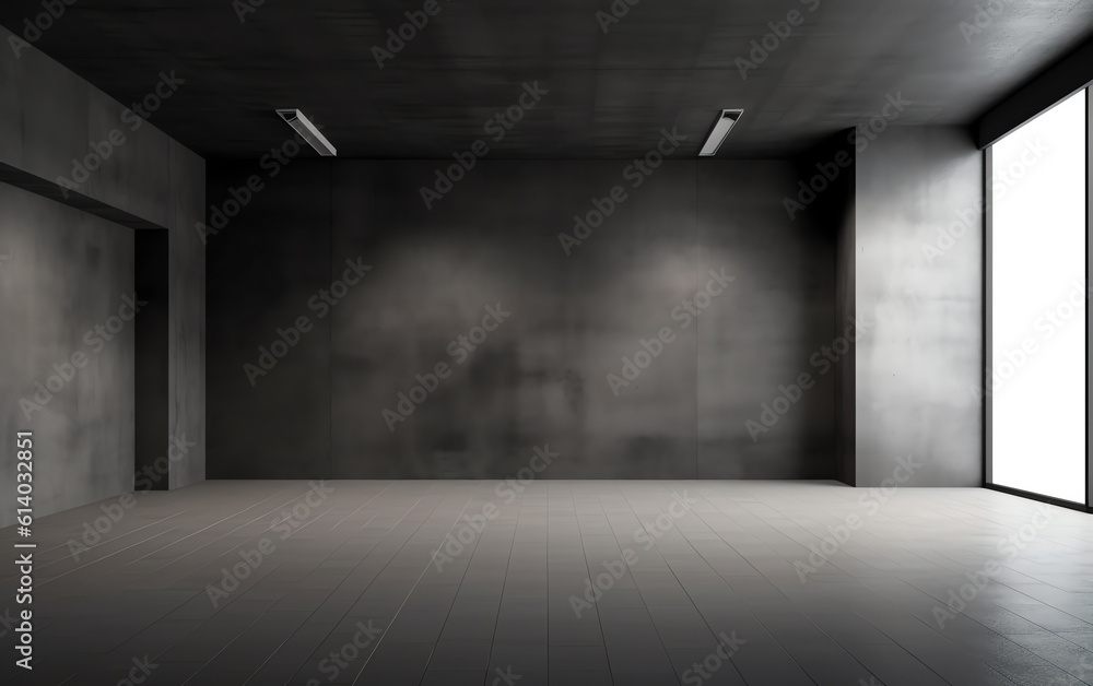 Poster Generative AI 3d rendering of empty concrete room with light and shadow on the curve wall.