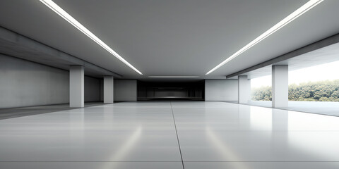 Generative AI View of empty white room with arch design and concrete floor,Museum space, Chapel entrance, Perspective of minimal architecture. 3D render.