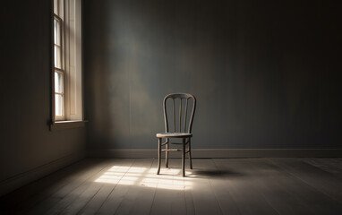 Generative AI Vintage old wooden chair in grungy interior. Loneliness, estrangement, alienation concept. Toned image