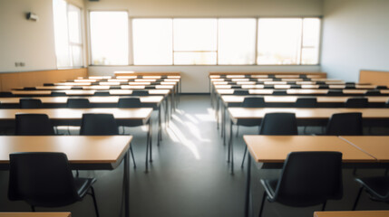 Generative AI Lecture room or School empty classroom with desks and chair iron wood for studying lessons in high school Thailand, interior of secondary education, with whiteboard, vintage tone educati