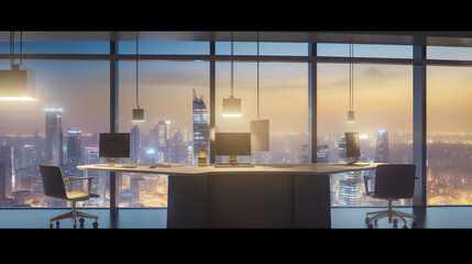 Generative AI Panoramic Bangkok skyline view, concrete observatory deck on rooftop, night time. Asian corporate and residential lifestyle. Financial city downtown, real estate. Product display mockup 