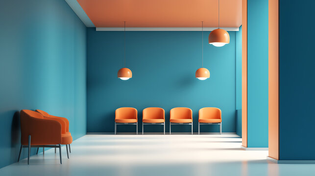 Generative AI Front view of a row of modern, simple white chairs against blue wall in a minimal style waiting room interior