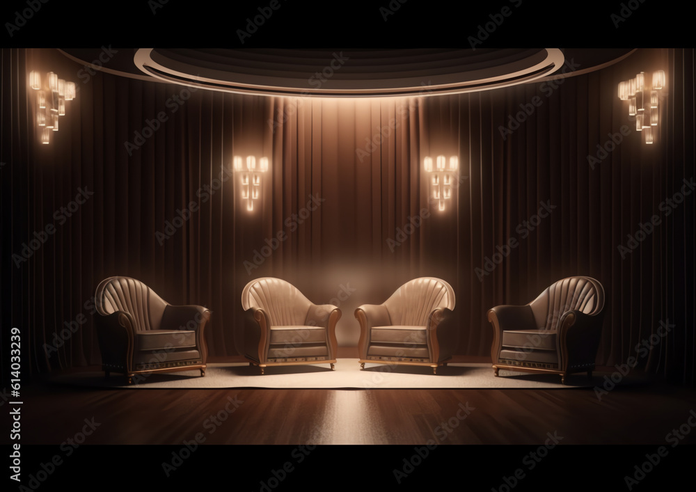 Poster generative ai cinema red cozy armchairs with comfortable elbows. illuminated armchair in the center.