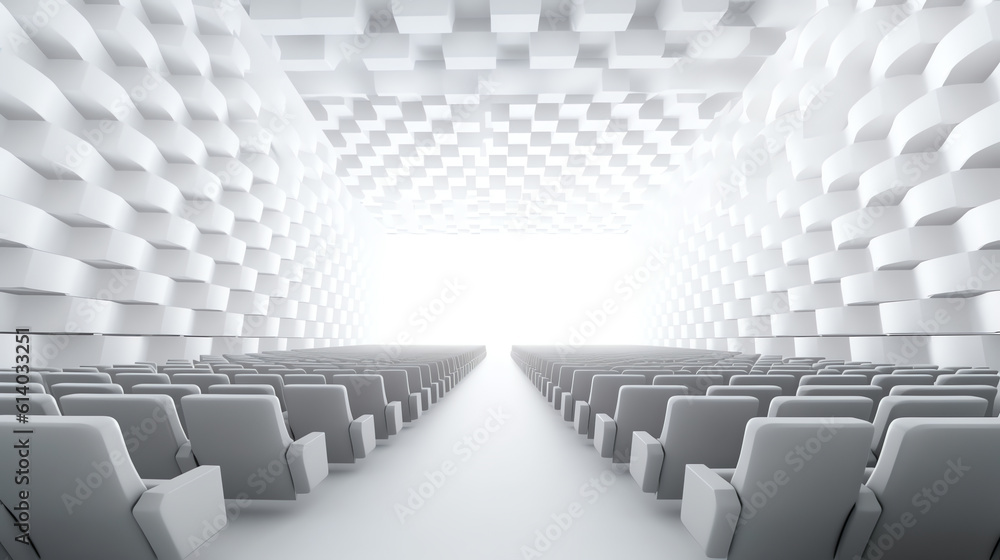 Poster Generative AI Empty cinema auditorium with empty white screen. Empty rows of theater or movie seats