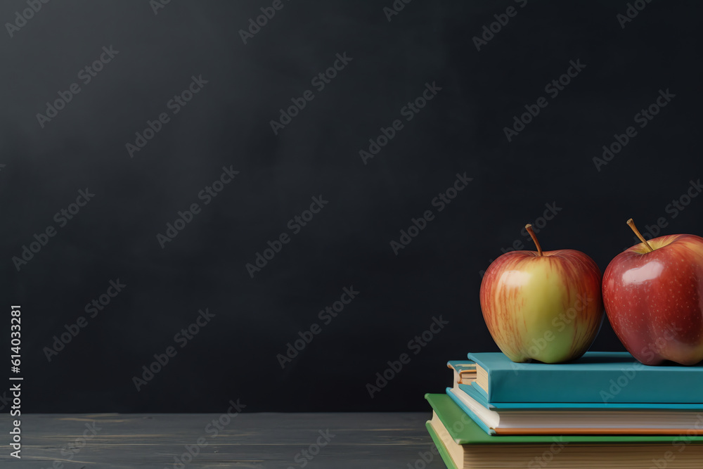 Poster generative ai school teacher's desk with stack of books and apple