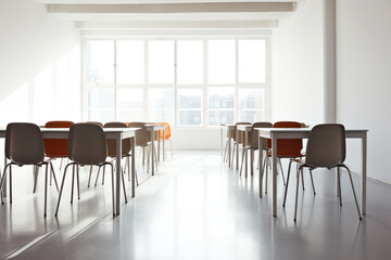 Fototapeta premium Generative AI Chairs and desks in a deserted classroom in a school