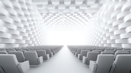Fototapeta premium Generative AI Empty cinema auditorium with empty white screen. Empty rows of theater or movie seats