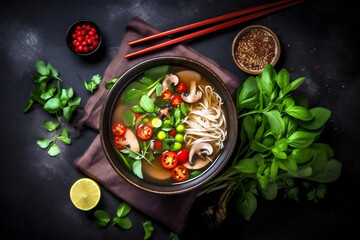 noodle cookery background meal vegetable bowl asian hot food japanese soup. Generative AI.