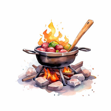 Camping Grill Watercolor Illustration Made With Generative AI