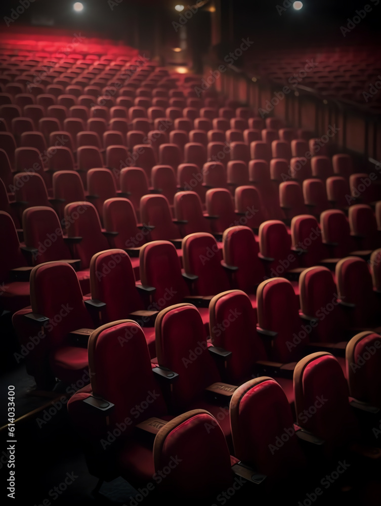 Poster generative ai rows of theater movie or cinema seats isolated on white. vector blank screen, red velv