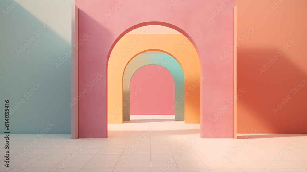 Poster generative ai view of empty pink room with arch design and concrete floor,museum space, chapel entra