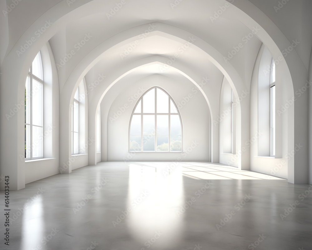 Poster generative ai view of empty white room with arch design and concrete floor,museum space, chapel entr