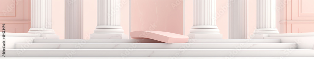 Poster Generative AI View of empty pink room with arch design and concrete floor,Museum space, Chapel entrance, Perspective of minimal architecture. 3D render.