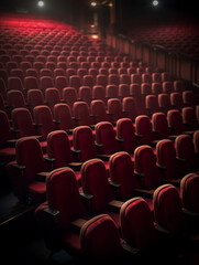 Generative AI Rows of theater movie or cinema seats isolated on white. Vector blank screen, red velvet chairs in conference hall, opera or auditorium. Premier showtime comfortable seating, entertainme