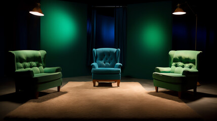 Fototapeta premium Generative AI Four empty chairs in a studio with green screen