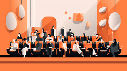 Generative AI Cinema with audience watching movie on empty blank white screen mockup. Back view of film viewers, spectators sitting in chairs in video theater. People, public at premiere. Flat vector 