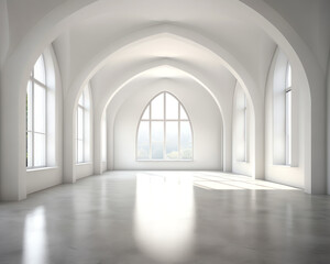 Plakat Generative AI View of empty white room with arch design and concrete floor,Museum space, Chapel entrance, Perspective of minimal architecture. 3D render.