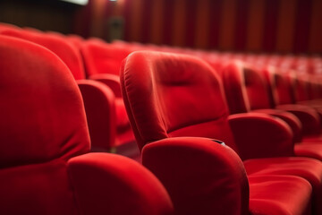 Obraz premium Generative AI Classic rows of empty reddish seats in theatre. Hall without visitors. Shallow depth of field