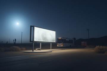 Generative AI Bus stop billboard at night. Bus passing by