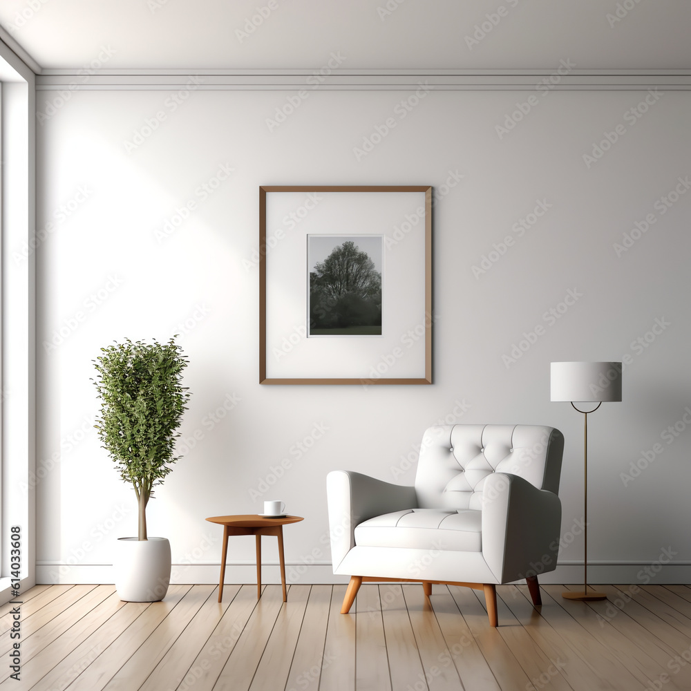 Poster generative ai modern minimalist interior with an armchair on empty white wall background.3d renderin