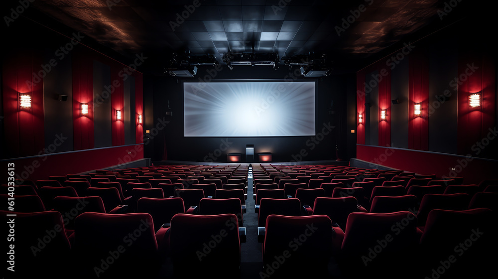 Aufkleber Generative AI Front view of cinema with blank screen. Toned image. Mock up, Ad concept, 3D Rendering