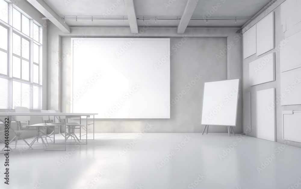 Poster Generative AI Projector screen canvas in modern conference room with big windows. Side view.Empty classroom or presentation room interior with desks, chairs and whiteboard