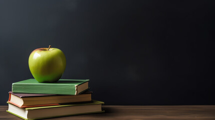 Generative AI School teacher's desk with stack of books and apple