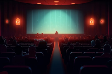 Fototapeta na wymiar Generative AI Cinema blank screen and people in red chairs in the cinema hall. Blurred People silhouettes watching movie performance.