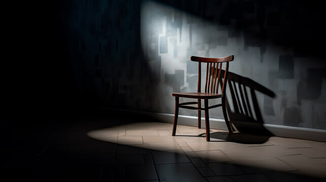 Generative AI Close up of an empty old wooden school classroom style chair in a dark room dirty room