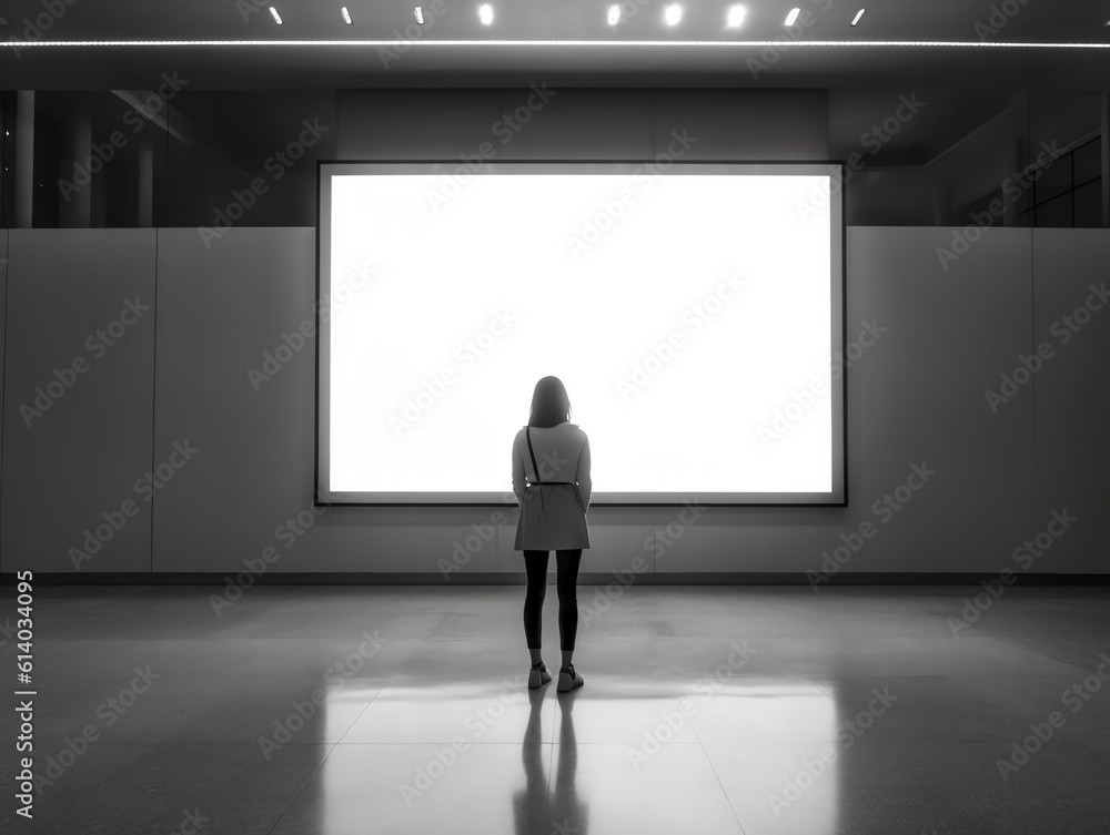 Poster generative ai people in the cinema auditorium with empty white screen.