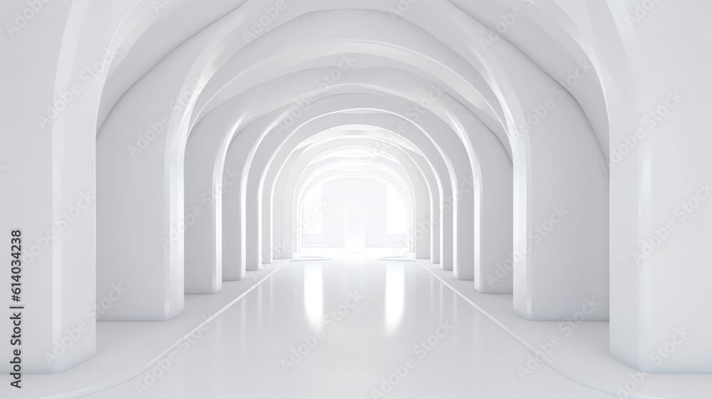 Aufkleber generative ai view of empty white room with arch design and concrete floor,museum space, chapel entr