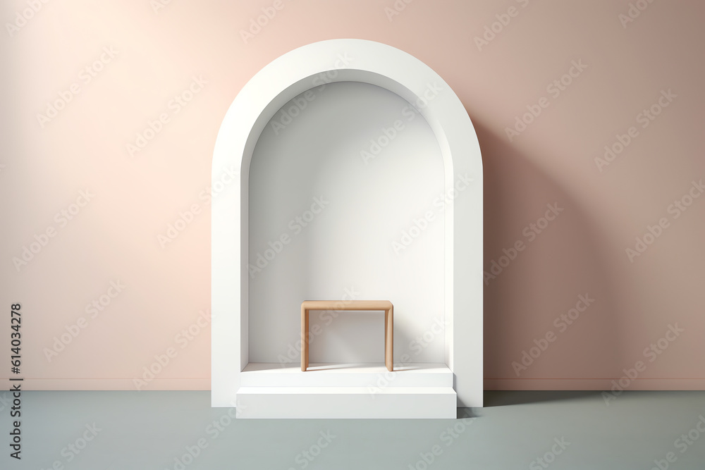 Poster generative ai view of empty pink room with arch design and concrete floor,museum space, chapel entra