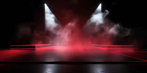 Generative AI 3d render cinema stage (sound system, spectacular lighting, upholstered in red fabric) - obrazy, fototapety, plakaty