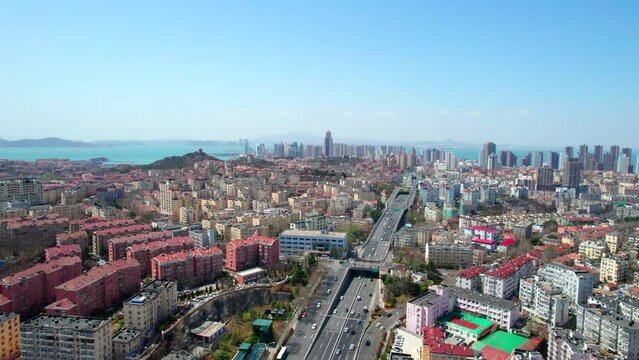 Aerial photography of urban road transportation in Qingdao