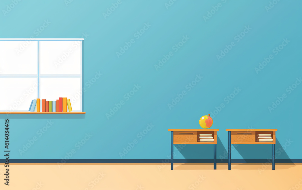 Poster generative ai empty school class room with board desk, shelf, books, clock. modern vector illustrati