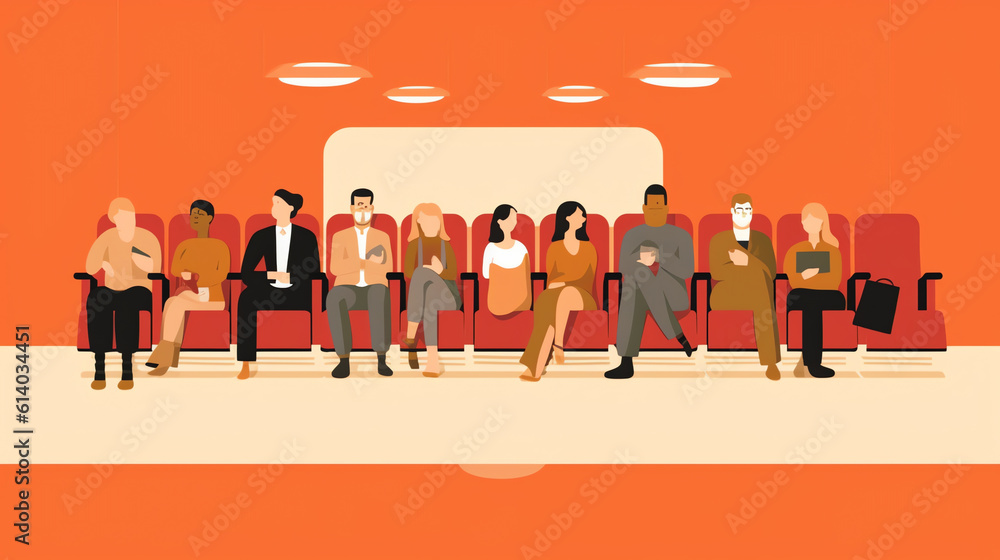 Poster Generative AI Cinema with audience watching movie on empty blank white screen mockup. Back view of film viewers, spectators sitting in chairs in video theater. People, public at premiere. Flat vector 