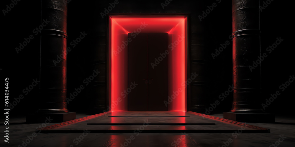 Poster Generative AI Church Interior. Window Light in Dark Inside Room. Shining Door in front Empty Steps. Mystery Background