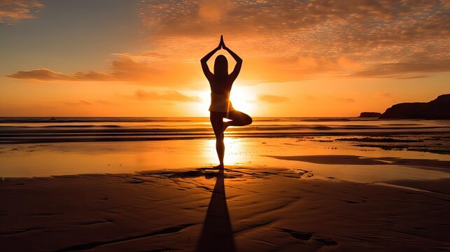 Young woman on beach achieves serene balance practicing yoga at sunrise, visualized by Generative AI.