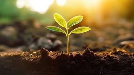 A young, verdant sprout emerging from nutrient-rich soil with a bright sun illuminating the background. Generative AI