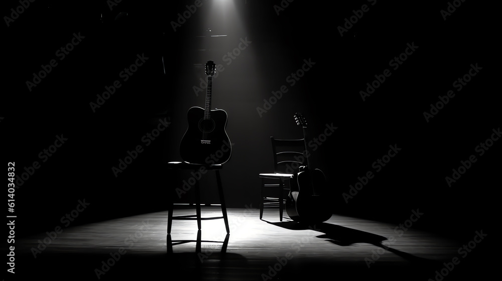 Poster generative ai a wooden chair standing in the middle of an empty stage under the light of soffits, in