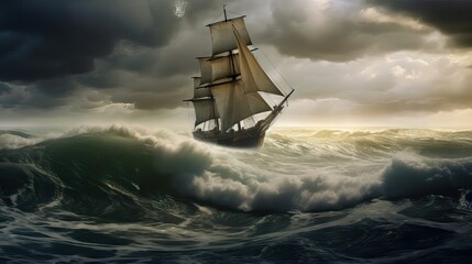 A small sailboat navigating tumultuous waves in a stormy sea under a gray, cloudy sky. Generative AI