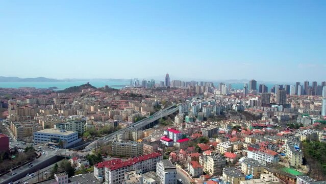 4k aerial photography of Qingdao cityscape panorama