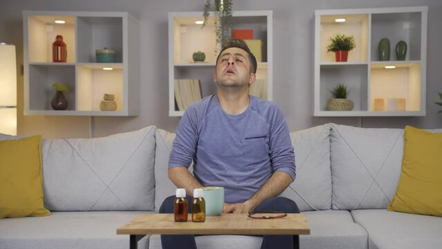 Sick man with rapid breathing. The man cannot control his breathing.